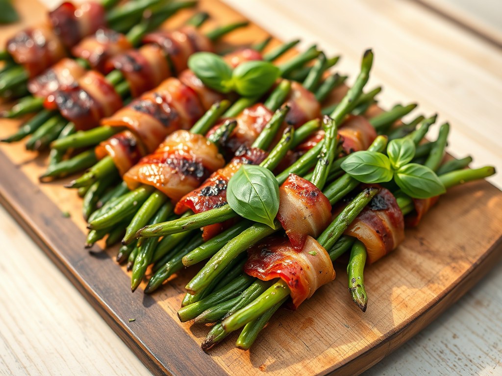 Sperziebonen in bundeltjes op de BBQ- grill, AI-gegenereerde illustratie