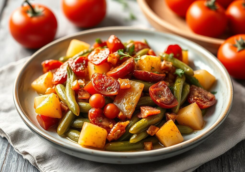 Sperziebonen tomatenschotel, AI-gegenereerde illustratie