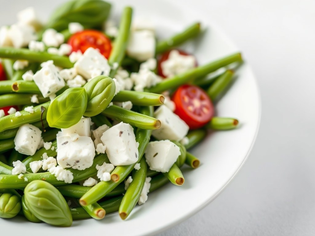 Sperziebonensalade met feta en basilicum, AI-gegenereerde illustratie