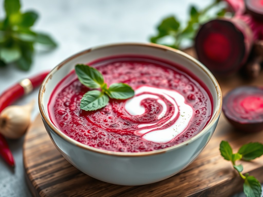 Spicy Bietensoep met Munt en Yoghurt, AI-gegenereerde illustratie