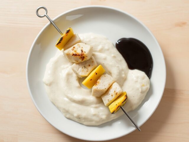 Spie van leng met mousseline van bloemkool en crème van zwarte olijven