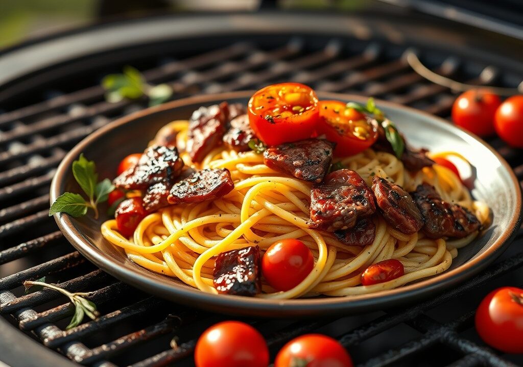 Spiesje op tagliatelle — AI-gegenereerde illustratie
