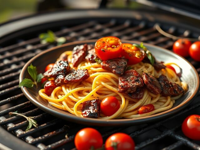 Spiesje op tagliatelle — AI-gegenereerde illustratie