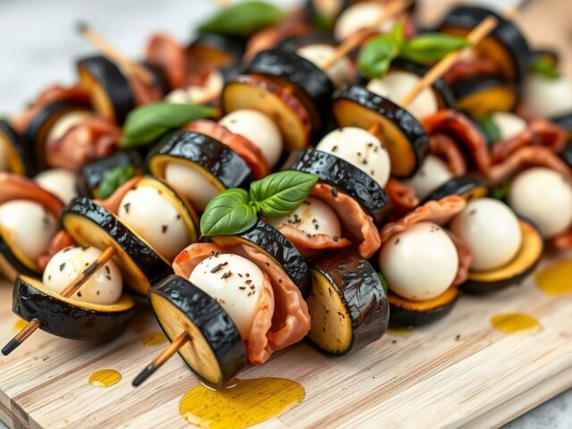 Spiesje van aubergine en mozzarella