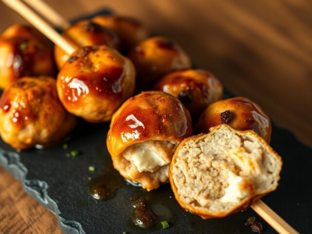 Spiesje van kipballetjes gevuld met feta