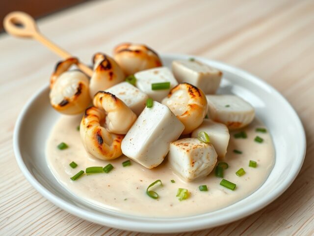 Spiesje van Noordzeedelicatessen met garnalensaus