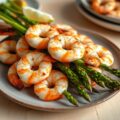 Spiesje van tijgergarnalen met asperges