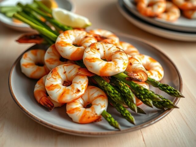 Spiesje van tijgergarnalen met asperges