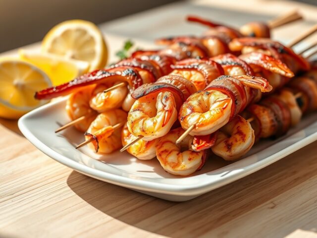spiesjes met garnalen en bacon