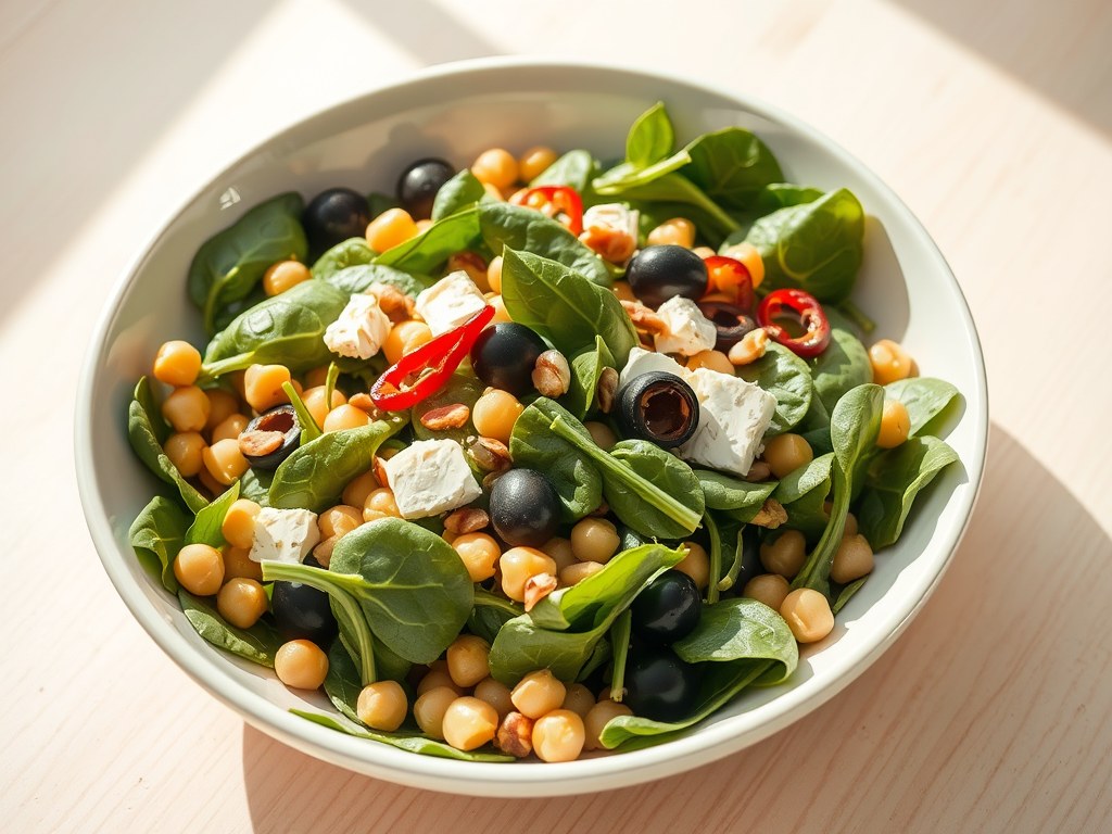 Spinazie kikkererwtensalade, AI-gegenereerde illustratie