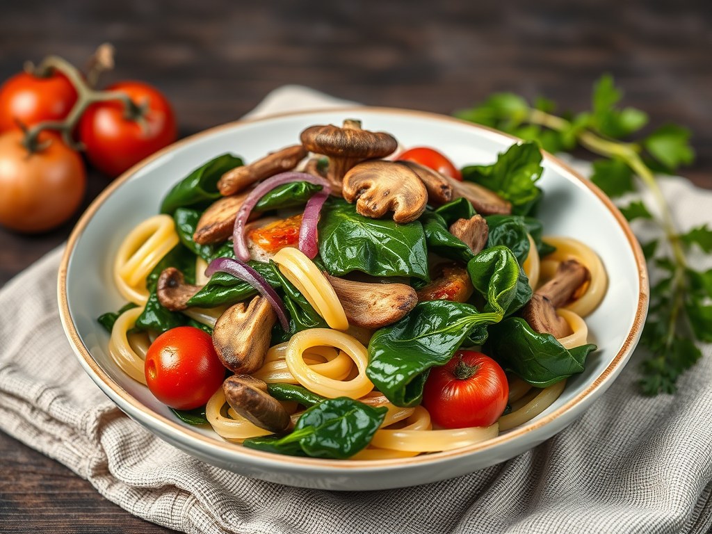 Spinazie met gevulde pasta, AI-gegenereerde illustratie