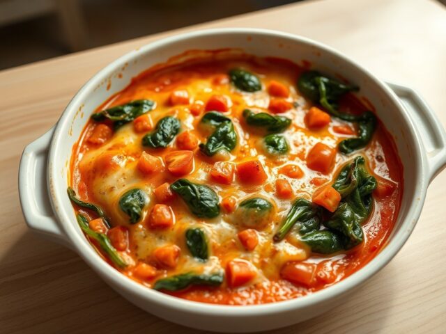 Spinazie met tomaten-kaassaus