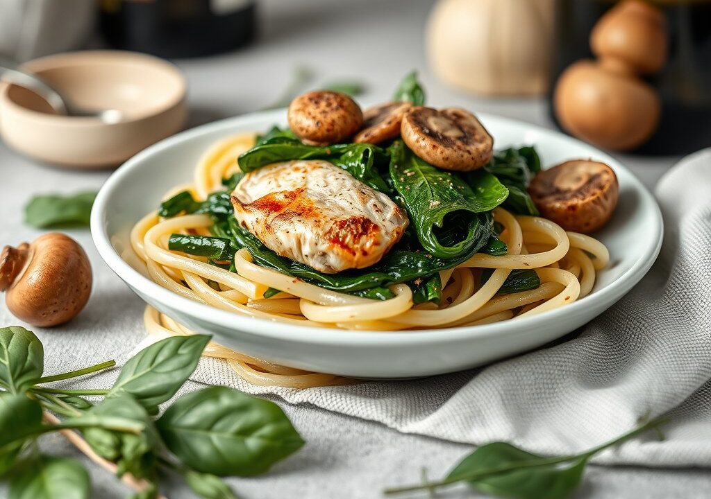 Spinaziepasta met kip in parmaham, AI-gegenereerde illustratie