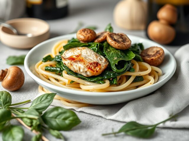 Spinaziepasta met kip in parmaham — AI-gegenereerde illustratie