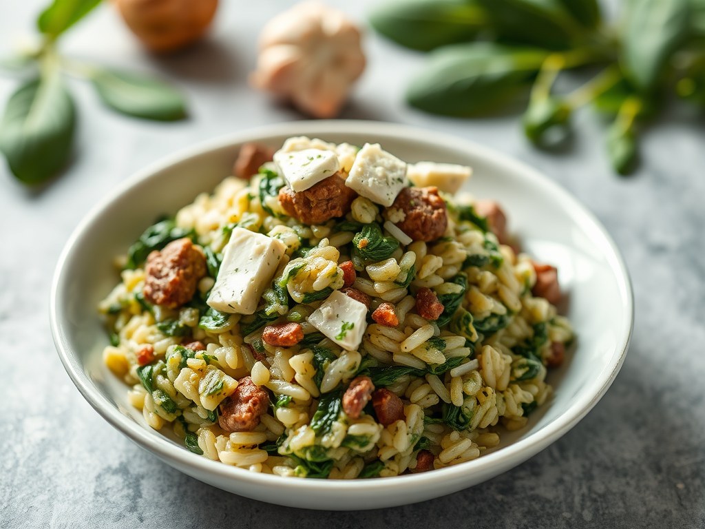 Spinazierisotto met Gorgonzola, AI-gegenereerde illustratie