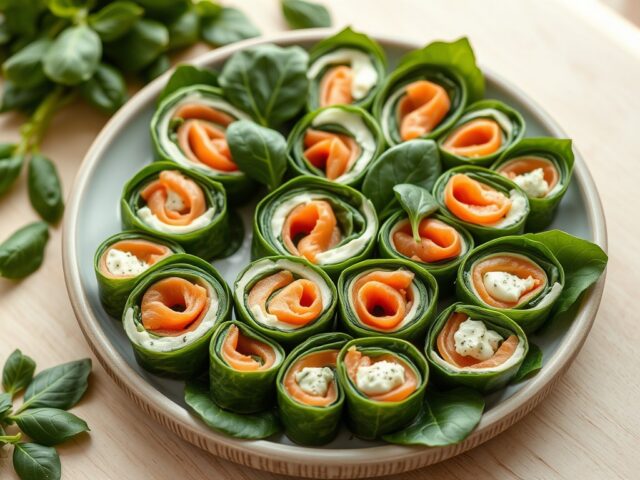 Spinazierolletjes met gerookte zalm