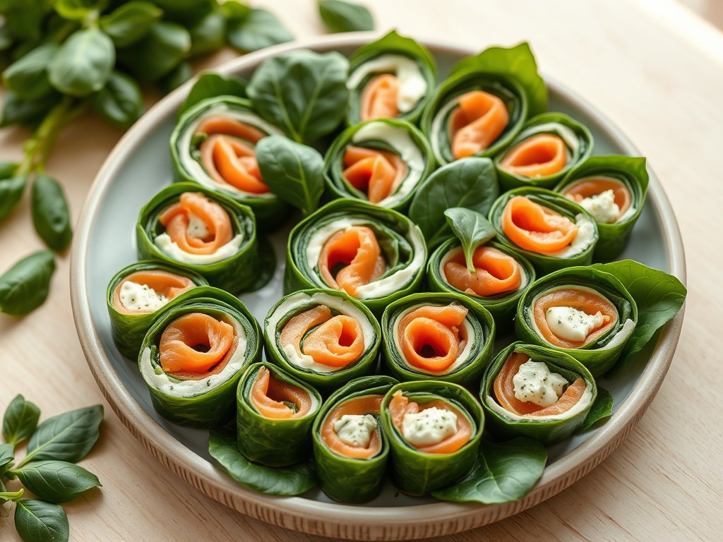 Spinazierolletjes met gerookte zalm, AI-gegenereerde illustratie