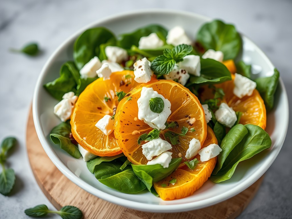 Spinaziesalade met sinaasappel en feta, AI-gegenereerde illustratie