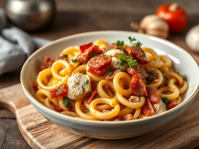 spirelli in spinazieroomsaus met kip en spek