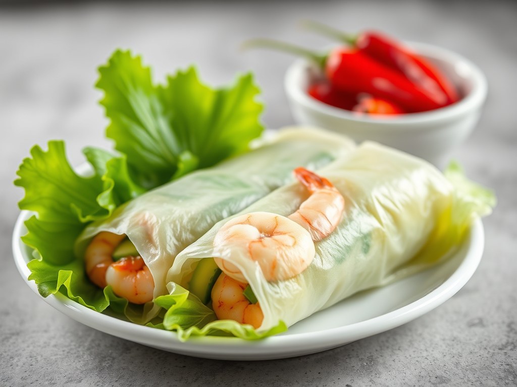 Springroll van sla met garnalen, AI-gegenereerde illustratie