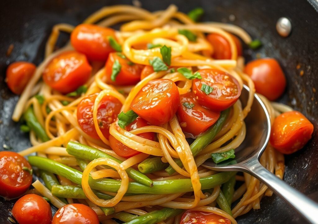 Spruiten uit de wok met zongedroogde tomaten, AI-gegenereerde illustratie
