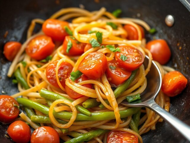 Spruiten uit de wok met zongedroogde tomaten — AI-gegenereerde illustratie