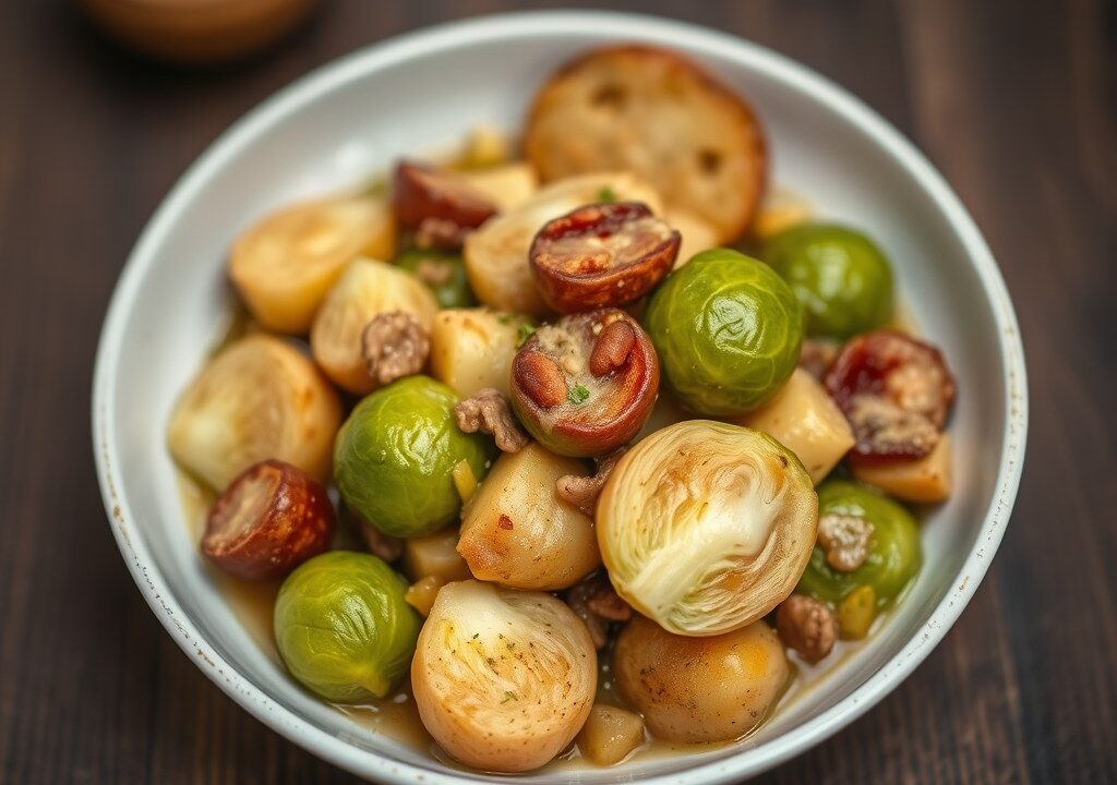Spruitenstoofpot met hazelnoten — AI-gegenereerde illustratie
