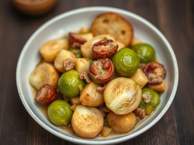 Spruitenstoofpot met hazelnoten — AI-gegenereerde illustratie