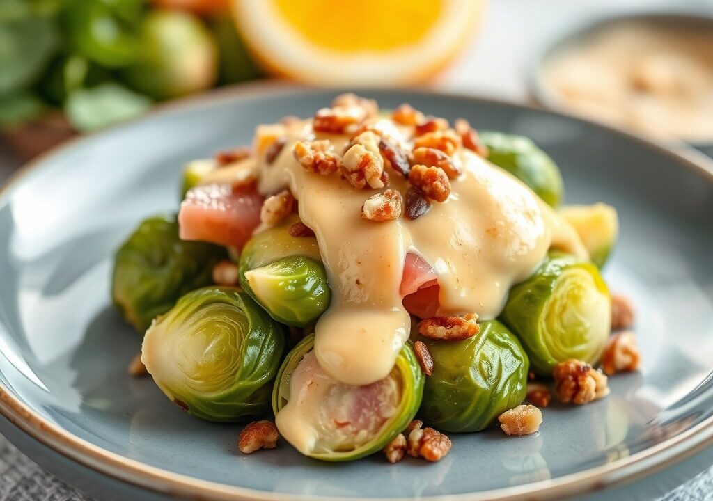 Spruitjes met ham of gerookte zalm en notensaus, AI-gegenereerde illustratie
