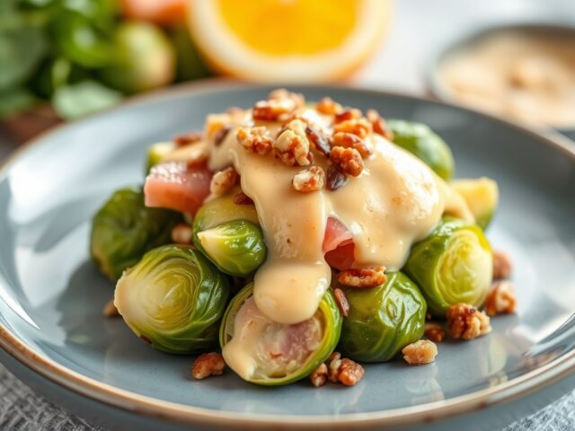 Spruitjes met ham of gerookte zalm en notensaus — AI-gegenereerde illustratie