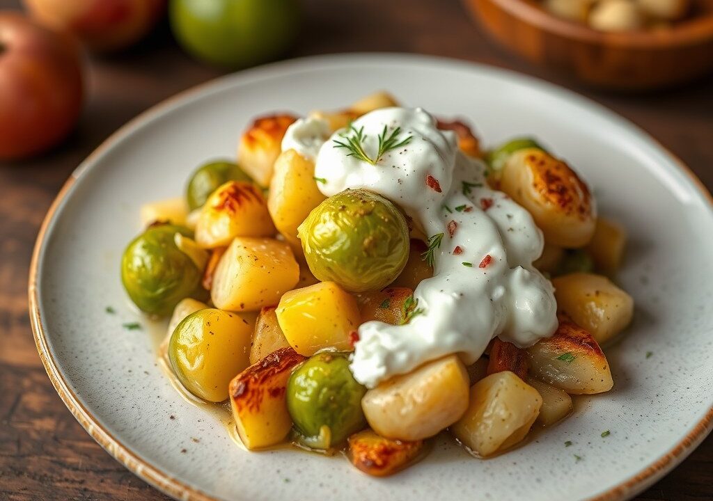 Spruitjesgratin met aardappelen en geitenkaas — AI-gegenereerde illustratie