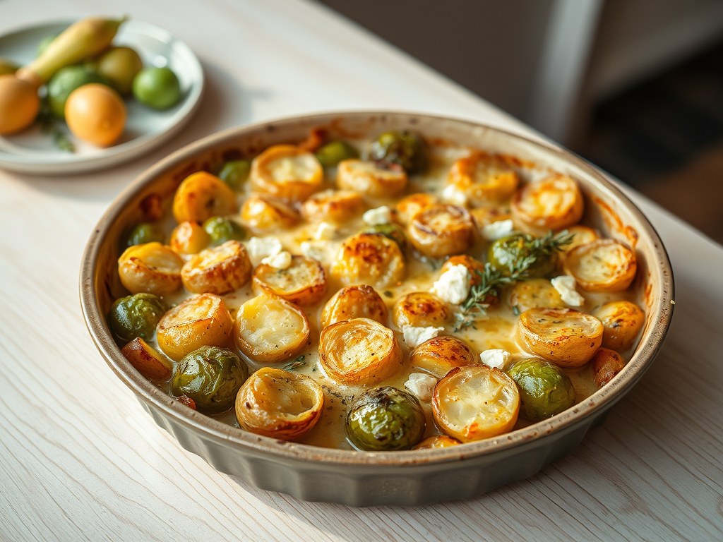 Spruitjesgratin met aardappelen en geitenkaas, AI-gegenereerde illustratie