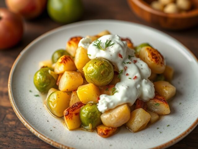 Spruitjesgratin met aardappelen en geitenkaas — AI-gegenereerde illustratie