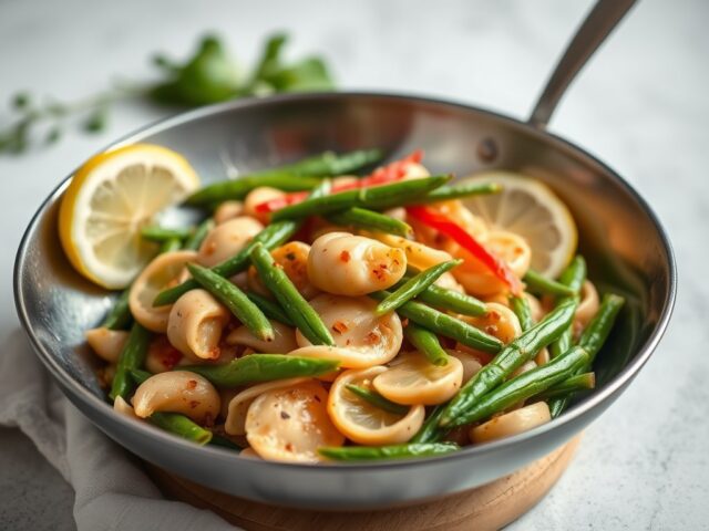 St. Jacobsschelpen met haricots verts — AI-gegenereerde illustratie