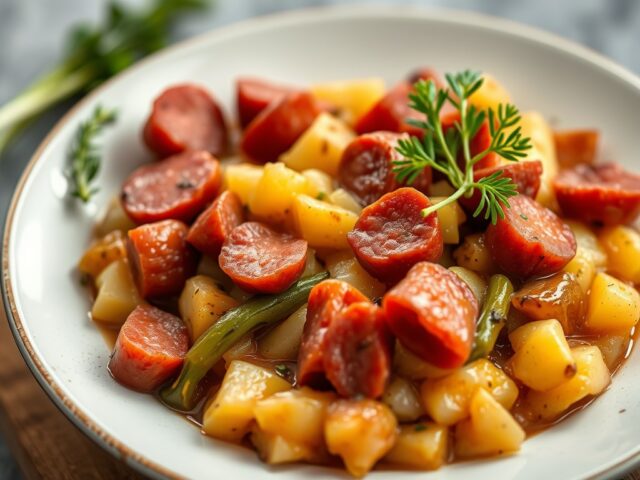 Stamppot boerenkool met salami — AI-gegenereerde illustratie
