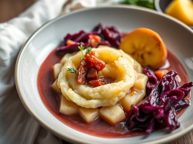Stamppot rode kool met vispakketjes in mosterdsaus