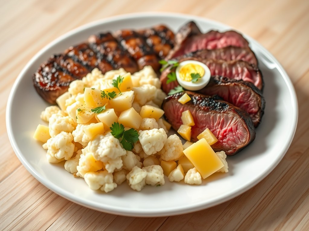 Steak met bloemkool à la Flamande, AI-gegenereerde illustratie
