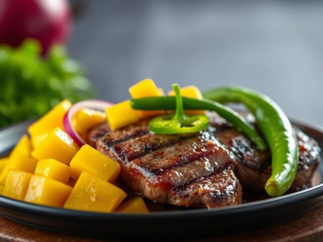 Steak met verse mango en groene peper