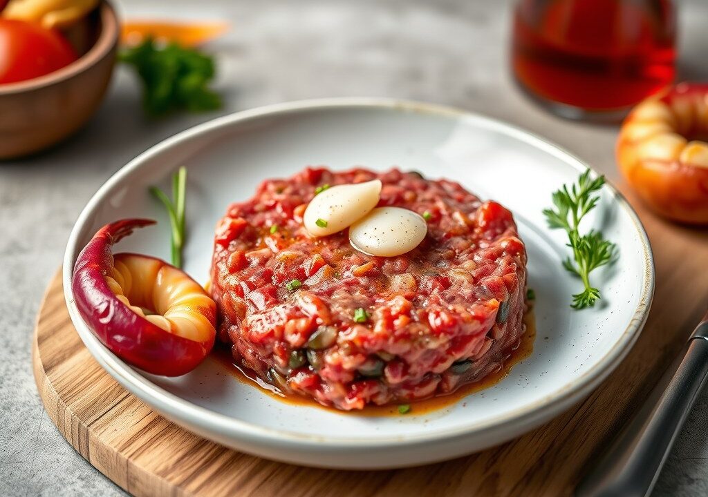 Steak tartare met lauwwarme gelei van Westmalle,, AI-gegenereerde illustratie