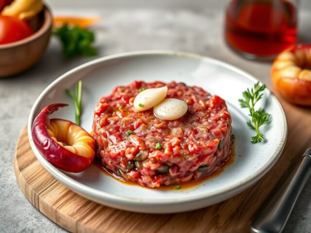 Steak tartare met lauwwarme gelei van Westmalle, — AI-gegenereerde illustratie