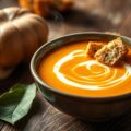 Stevige pompoensoep met gebakken croutons