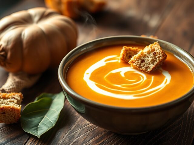 Stevige pompoensoep met gebakken croutons