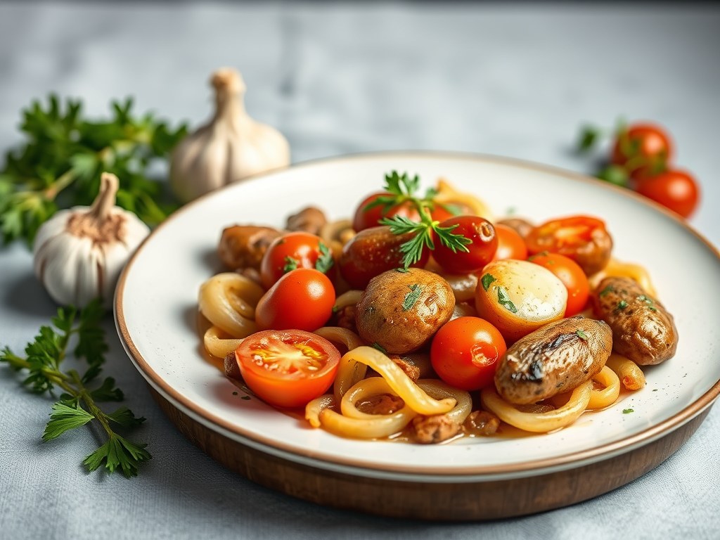 Stokbonen met knoflook, AI-gegenereerde illustratie