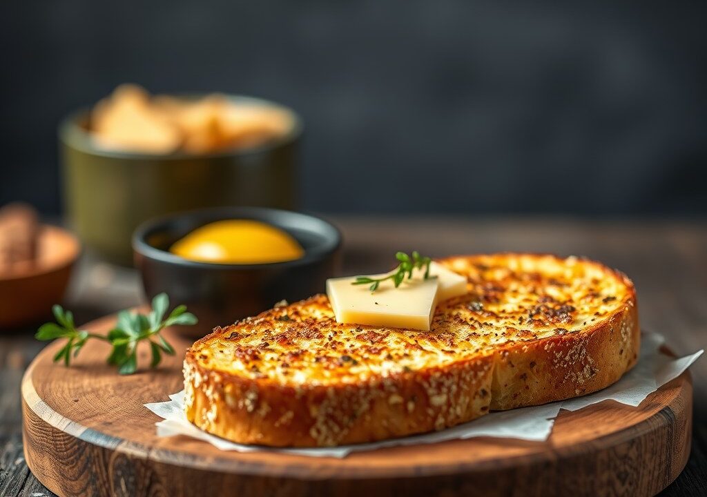 Stokbrood gegratineerd met olijven en kaas — AI-gegenereerde illustratie