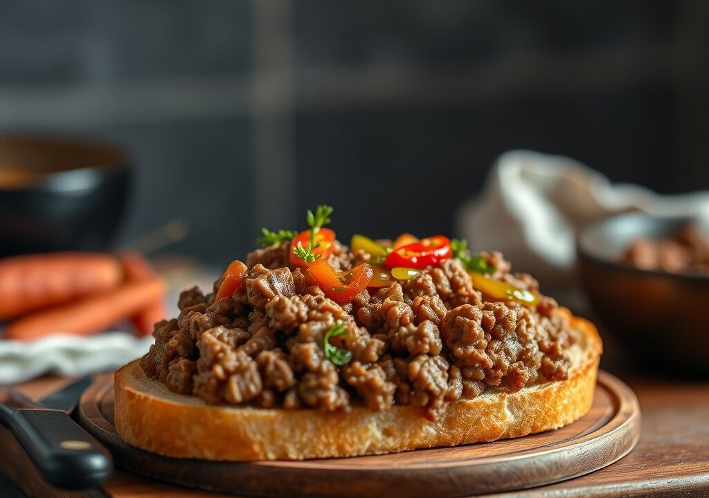 Stokbrood met pikant gehakt uit de oven, AI-gegenereerde illustratie