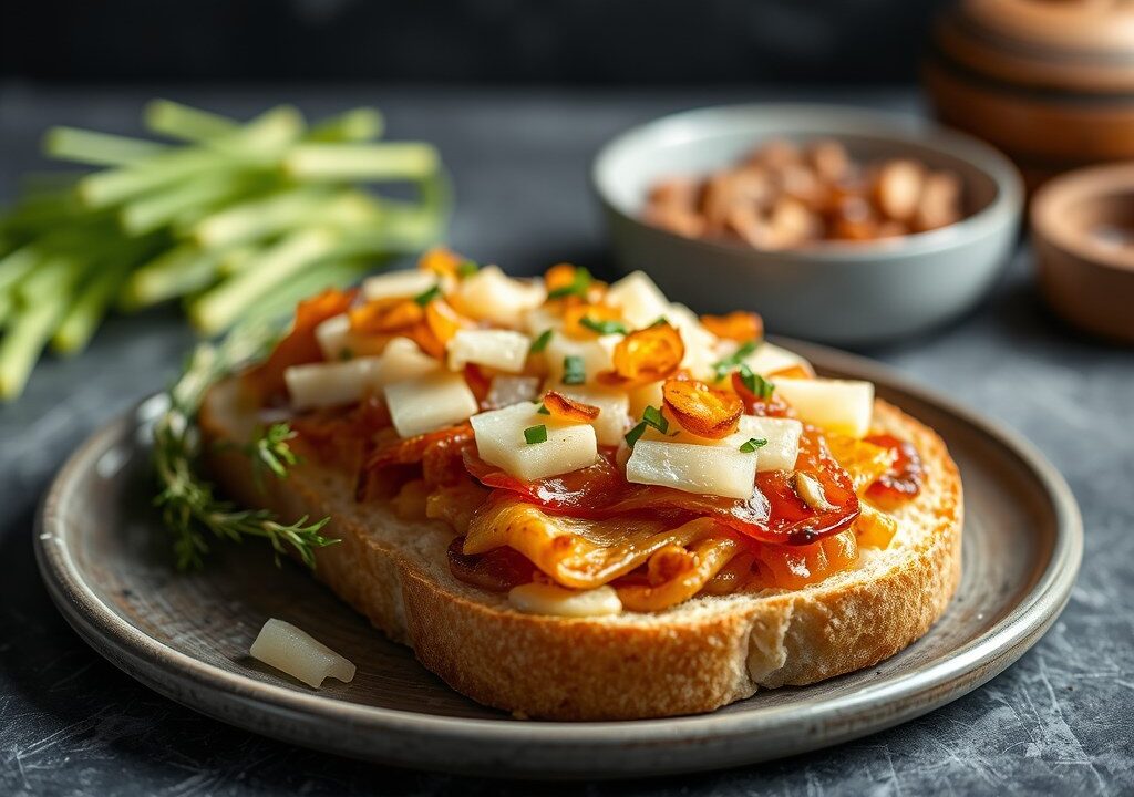 Stokbrood met ui cervelaat en kaas, AI-gegenereerde illustratie