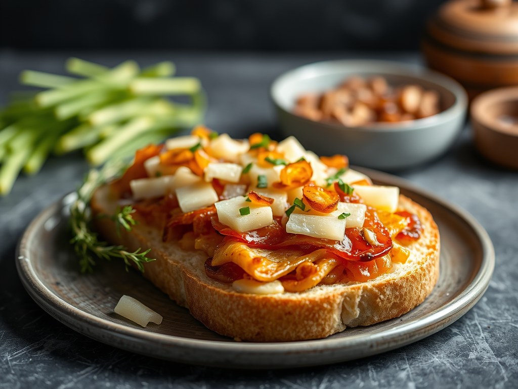 Stokbrood met ui cervelaat en kaas, AI-gegenereerde illustratie