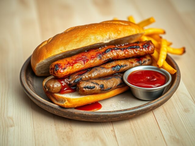 Stokbroodje merguez met geroosterde friet en pikante ketchup