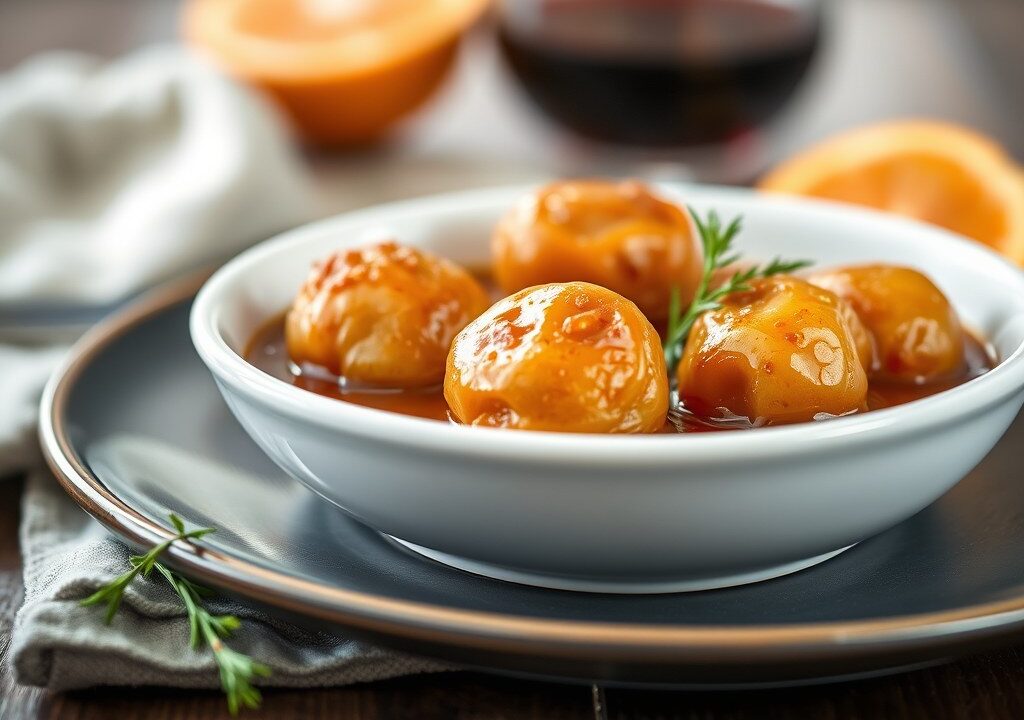 Stoofpeertjes, in caramel-wijnsaus, AI-gegenereerde illustratie