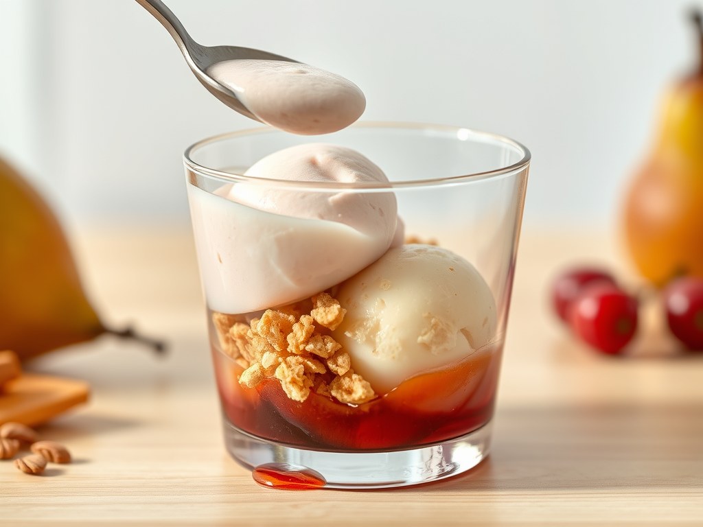 Stoofperenmousse met in amandel gepaneerde ijsboll, AI-gegenereerde illustratie